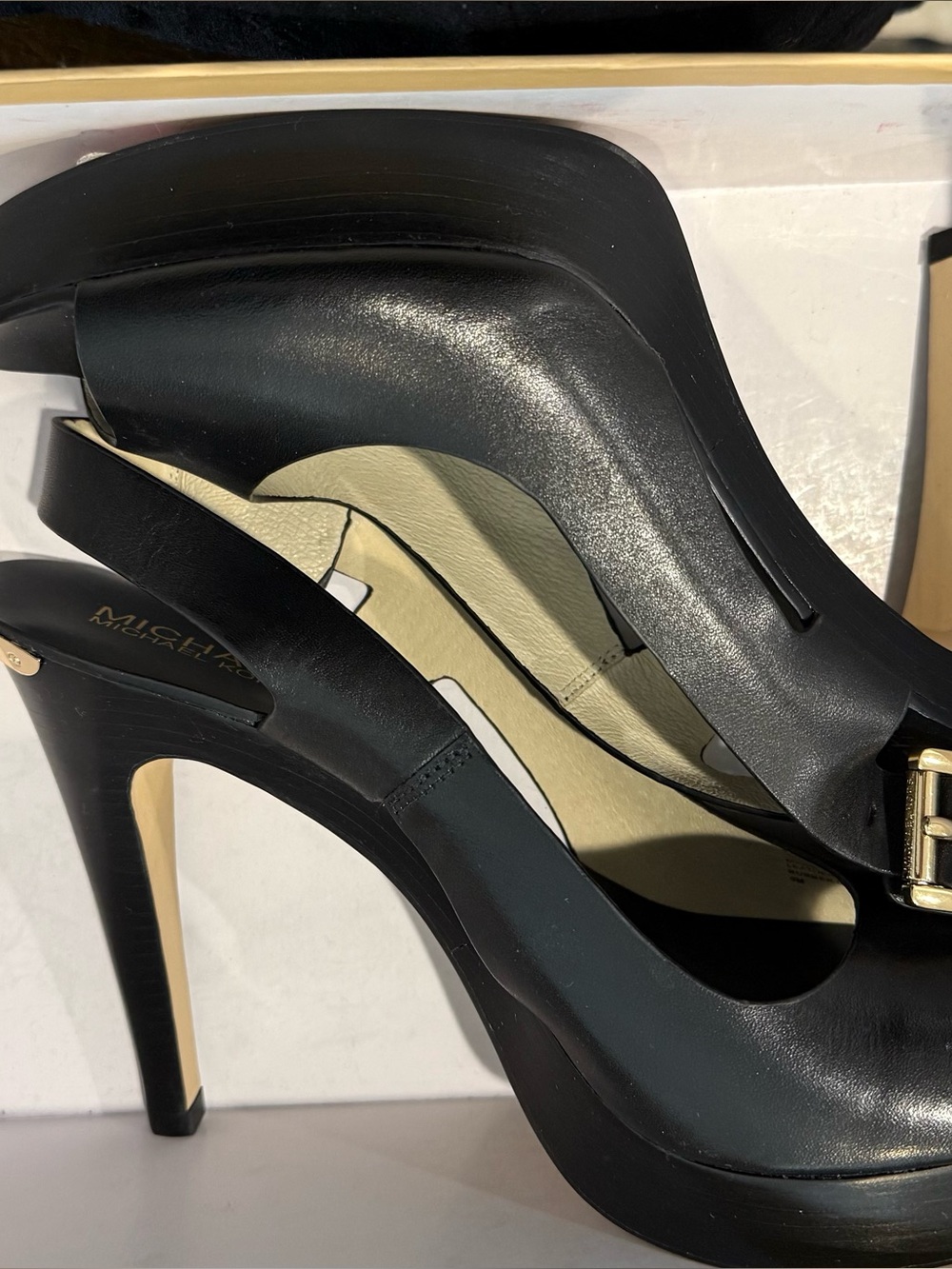 Michael Kors Black Peep-Toe Slingback Heels with Gold Buckle